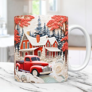 3D Red Truck Mug Wrap Vintage Christmas Mug Wrap Sublimation Design PNG 11oz and 15oz Coffee Cup Template, 3D Christmas Farmhouse Mug