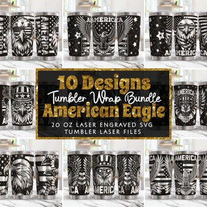 May include: Ten designs for 20 ounce tumbler wraps featuring an American eagle with stars and stripes, fireworks, and the words "America" and "1776".
