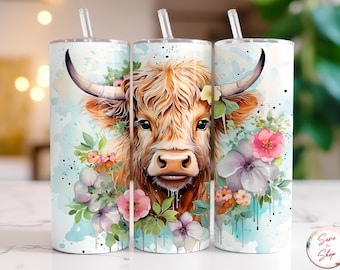 Vaso de vaca bebé de las Tierras Altas, diseño de sublimación, diseño floral, 20 oz, vaso estrecho, recto y cónico, PNG, descarga digital