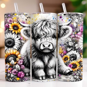 May include: A black and white illustration of a Highland cow with a fluffy white coat, sitting in a field of sunflowers and purple flowers. The background is a watercolor-style design with splashes of yellow, blue, and purple.