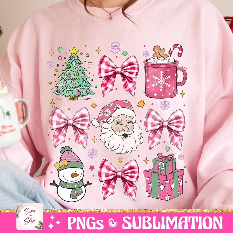 May include: Pink Christmas sublimation design featuring a Christmas tree, Santa Claus, a snowman, a bow, a mug of hot chocolate, and a gift box.  The design is perfect for creating custom apparel, mugs, and other items.