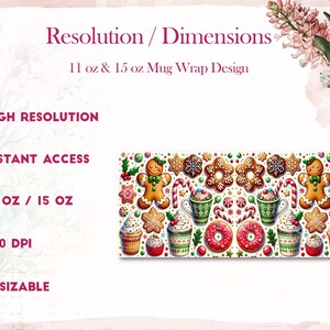 May include: A digital design featuring a festive Christmas pattern with gingerbread men, candy canes, snowflakes, and cupcakes. The design is intended for use as a mug wrap for 11 oz and 15 oz mugs. The design is high resolution, 300 DPI, and resizable.