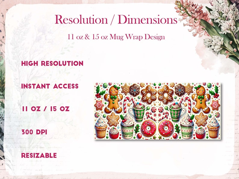 May include: A digital design featuring a festive Christmas pattern with gingerbread men, candy canes, snowflakes, and cupcakes. The design is intended for use as a mug wrap for 11 oz and 15 oz mugs. The design is high resolution, 300 DPI, and resizable.