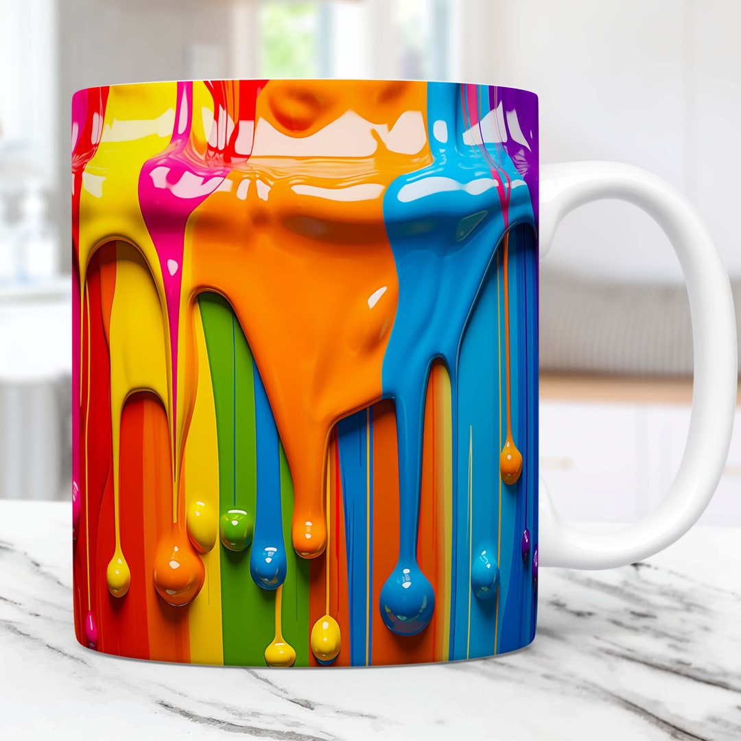 3D Rainbow Dripping Paint Mug Wrap, 3D Mug Sublimation Design PNG Mug