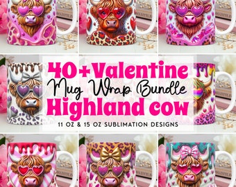 3D Valentine Highland Cow Mug Wrap Bundle, Sublimation Designs PNG Valentines Day 11oz 15oz Coffee Cup Template, 3D Highland Cow Mug Design