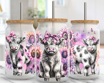 Baby Highland Cow Libbey Glass Wrap, Flower Tumbler Sublimation Design PNG, Floral 16 Oz Glass Can Wrap PNG, Digital Download
