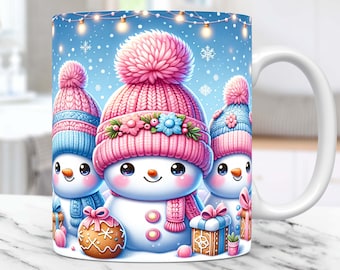 Pink Snowman Christmas Mug Wrap Snowman Mug Wrap Sublimation Design PNG Snowman Cute Mug Press Design PNG Christmas 11oz & 15oz Mug Template