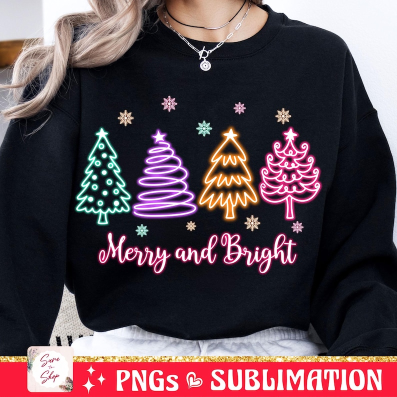 May include: Black sweatshirt with a neon design of Christmas trees and the text "Merry and Bright".