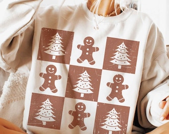 Hombre de jengibre a cuadros retro PNG, Árbol de Navidad a cuadros PNG, Sublimación navideña, Diseño de camiseta navideña, Lindos cuadros navideños PNG