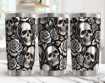 Schädel-Becher-Wraps Laser-Svg, 20 Unzen gravierte Becher mit Blumenmuster Laser-Datei, Schädel mit Blume 20 Unzen Tumbler Wrap SVG-Design, Laser-Gravur-Svg
