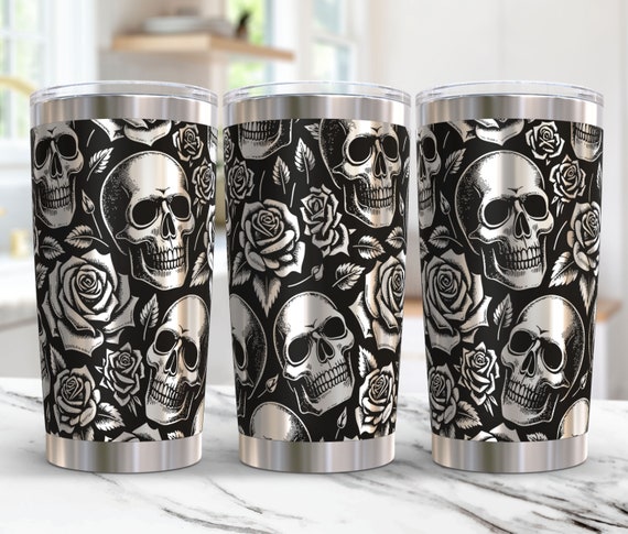 Skulls Tumbler Wrap Laser Svg, 20oz Floral Engraved Tumbler Laser File, Skull with Flower 20 oz Tumbler Wrap Svg Design, Laser Engraving Svg