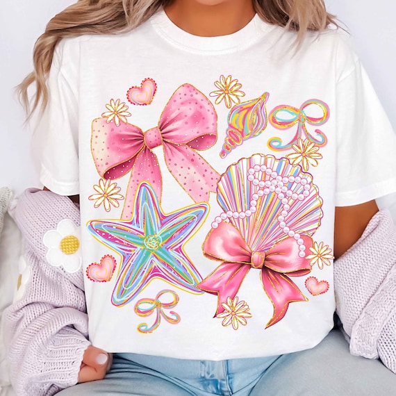 Floral Coquette Seashell PNG, Preppy Coastal Png, Boho Summer Png, Beach Png, Summer Coquette Png, Starfish Png, Summer Vibes Shirt Design