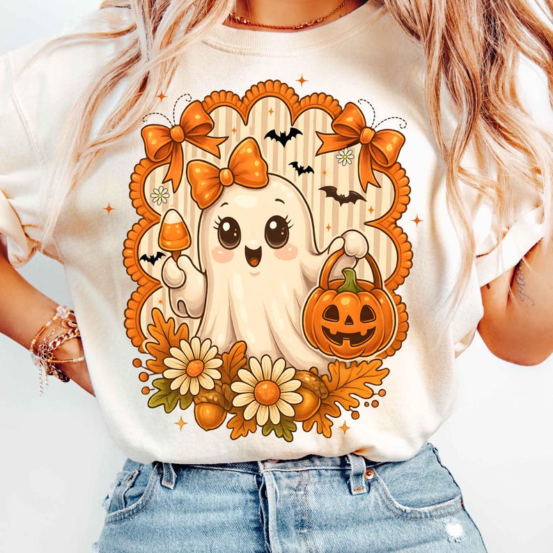 Pode incluir: Camiseta creme com um fantasma de desenho animado fofo segurando uma ab&oacute;bora e um doce de milho. O fantasma &eacute; cercado por la&ccedil;os laranja, morcegos, flores e folhas. Uma camiseta gr&aacute;fica com tema de Halloween.