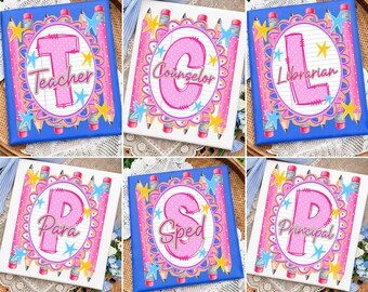 Retro Teacher Monogram Bundle PNG, Cute Coquette School Staff Sublimation, Preppy Pink Gingham Principal Counselor Librarian Craft File