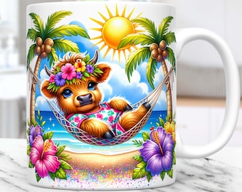 Tazza avvolgente Summer Highland Cow, design per sublimazione di tazze Summer Vibes, modello per tazze da 11 once e 15 once, modello per tazza avvolgente Tropical Cow PNG