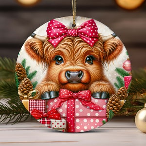 Baby Highland Cow Christmas Ornament PNG Sublimation Designs, Christmas Round Ornament PNG, Instant Digital Download