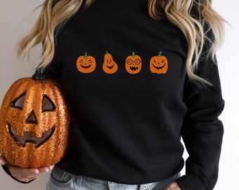 Sudadera de calabaza de Halloween, Suéter de calabaza, Calabazas divertidas, Sudadera Jack-o-Lantern, Sudadera de cuello redondo de Halloween, Camisas de otoño