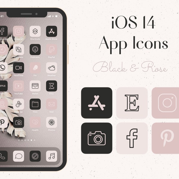 iOS 14 iPhone App Icons | Black & Rose Aesthetic | App Covers | 300 App Icons