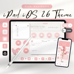 Op de afbeelding: Roze esthetisch iPad iOS 26 thema. De afbeelding toont een tablet en een telefoon met een bijpassende roze interface. De tablet toont een kalender, notities en app-iconen. De telefoon heeft een bloemenafbeelding en app-iconen.