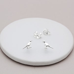 May include: A pair of silver dinosaur stud earrings. The earrings are small and feature a detailed dinosaur design.