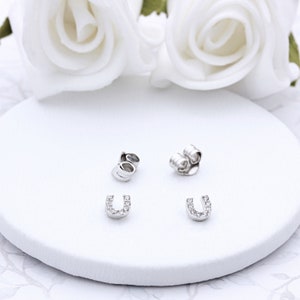 Tiny Sterling Silver and Cubic Zirconia Horseshoe Ear Studs