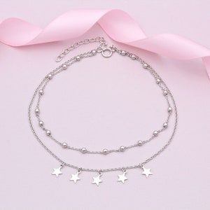 Bracelet de cheville en argent sterling à deux rangées d&#39;étoiles