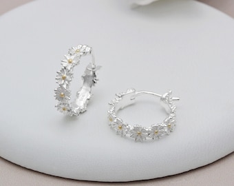 Sterling Silver and 18ct Gold Vermeil Daisy Hoop Earrings