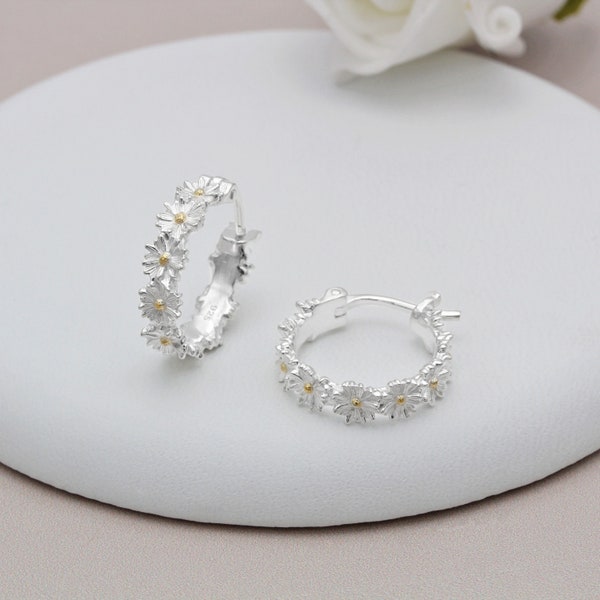 Sterling Silver and 18ct Gold Vermeil Daisy Hoop Earrings