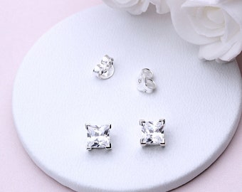 Sterling Silver and Square Cubic Zirconia Ear Studs