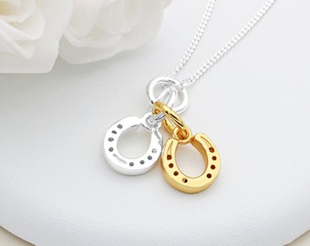 May include: A silver chain necklace with two charms: a silver horseshoe charm with small clear stones and a gold horseshoe charm with small clear stones.
