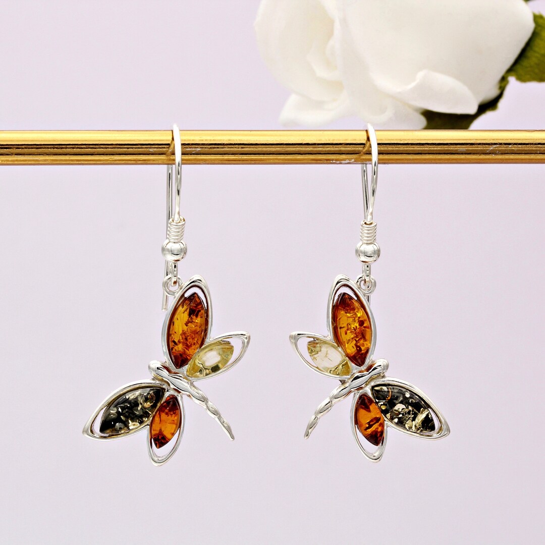 Orecchini a forma di libellula in argento sterling con ambra - Italia