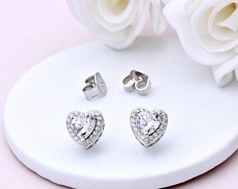 Sterling Silver and Cubic Zirconia Heart shape Ear Studs