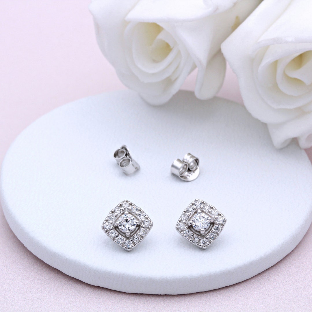 Sterling Silver and Cubic Zirconia Square Cluster Ear Studs