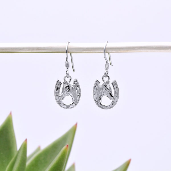 Sterling Silver Horse Head in Horseshoe Drop Earrings