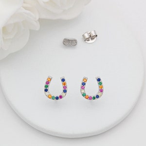 May include: A pair of silver horseshoe earrings with colorful gemstones. The gemstones are set in a pave setting and are arranged in a rainbow pattern.