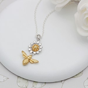 Sterling Silver and 18ct Gold Vermeil Bee and Flower Necklace