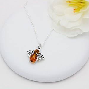 Sterling Silver Small Amber Bee Necklace
