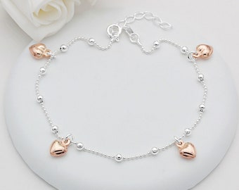 Sterling Silver and 18ct Rose Gold Vermeil Heart Anklet