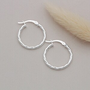 Puede incluir: Un par de pendientes de aro de plata con un diseño trenzado. Los pendientes están sobre un fondo marrón claro.