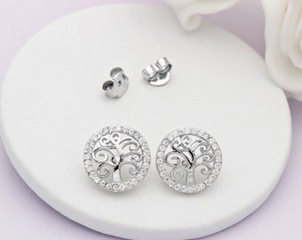 Sterling Silver and Cubic Zirconia Tree of Life Ear Studs