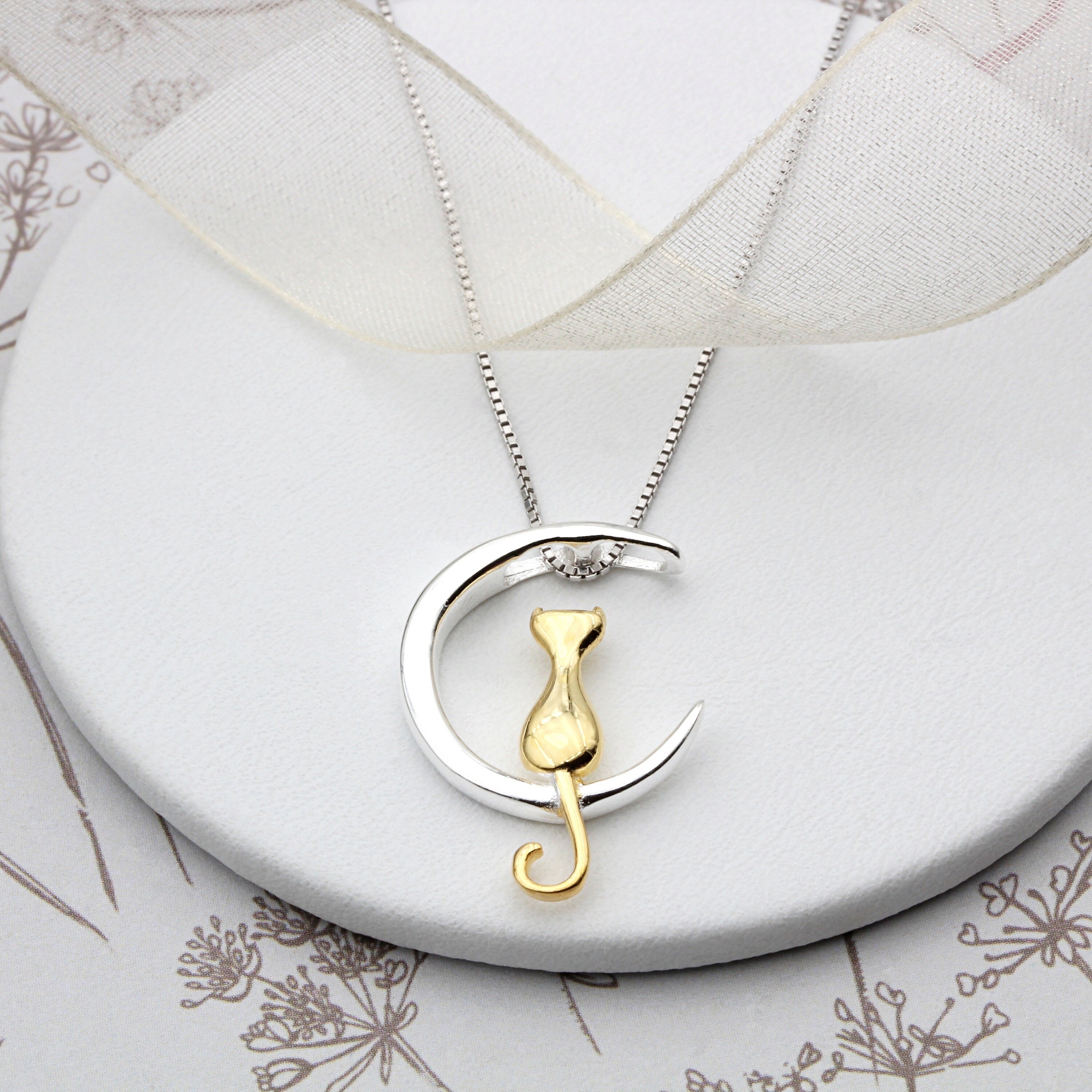 Sterling Silber und 18ct Gold Vermeil Katze und Mond ...