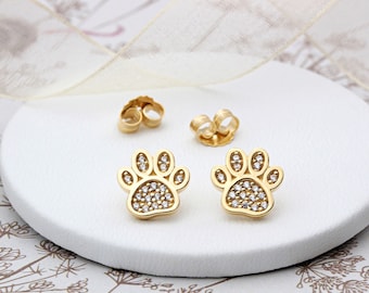 Cubic Zirconia 18ct Gold Vermeil Dog Paw Ear Studs