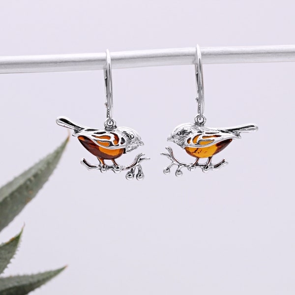 Robin Earrings in Solid Sterling Silver set with Genuine Amber (Non-returnable)