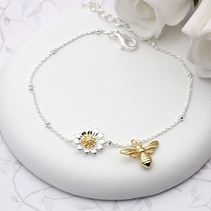 Sterling Silver and 18ct Gold Vermeil Bee and Flower Bracelet