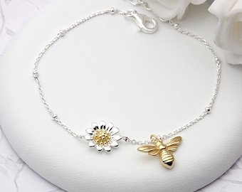 Plata de ley y pulsera de abejas y flores Vermeil de oro de 18 quilates