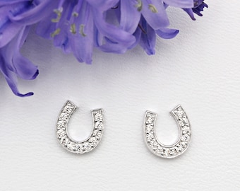 Sterling Silver and Cubic Zirconia Horseshoe Ear Studs