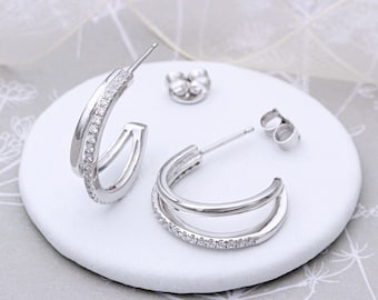 Sterling Silver and Cubic Zirconia Hoop Earrings