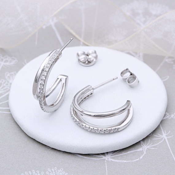 Sterling Silver and Cubic Zirconia Hoop Earrings