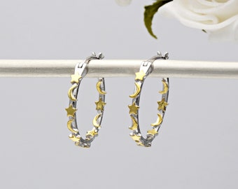 Pendientes de aro con forma de luna y estrella en plata de ley y oro vermeil de 18 quilates (no se admiten devoluciones).