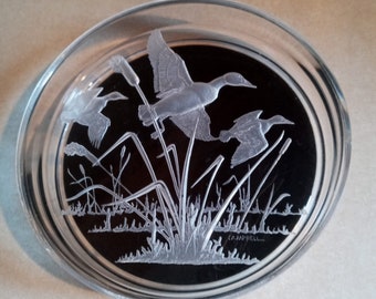 Lucite Lidded Bowl With Etched Ducks on lid